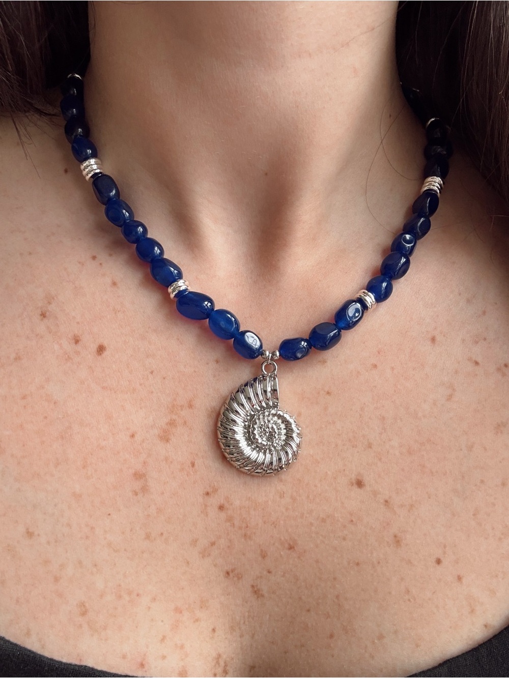 Blue Beaded Necklace with Silver Nautilus Pendant